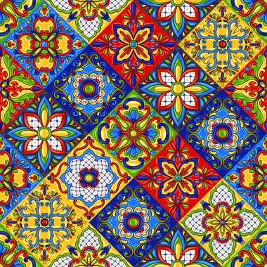 Meksika talavera seramik karo seamless modeli. Etnik halk süsleme. İtalyan seramik, Portekizli azulejo veya İspanyolca Mayolikası.
