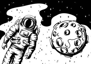 Moon ile astronot Illustration. Takım elbiseli uzay adamı. Uzayda kozmonot.