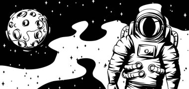 Moon ile astronot Illustration. Takım elbiseli uzay adamı. Uzayda kozmonot.
