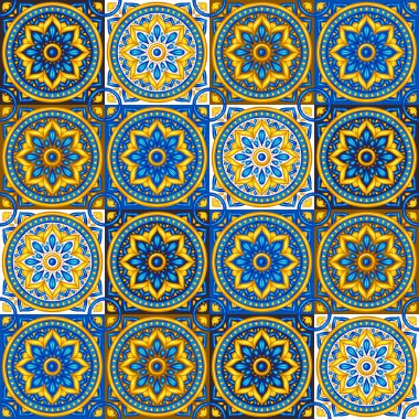 Fas seramik karo seamless modeli. Etnik bitkisel motifler. Akdeniz geleneksel halk süs. Portekizce azulejo, Meksikalı talavera veya İspanyolca Mayolikası.