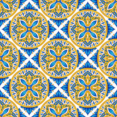 Fas seramik karo seamless modeli. Etnik bitkisel motifler. Akdeniz geleneksel halk süs. Portekizce azulejo, Meksikalı talavera veya İspanyolca Mayolikası.