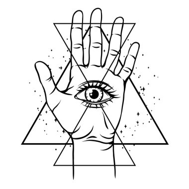 Açık el tüm gören göz simgesi olan. Maneviyat, Astroloji ve ezoterik kavramı. Siyah ve beyaz el çizilen illüstrasyon.