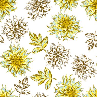 Kabarık sarı dahlias ile Seamless modeli. Güzel dekoratif çiçekler, yapraklar ve tomurcukları.