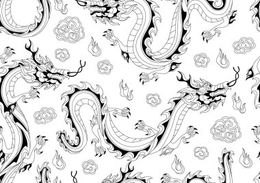 Çince Ejderha ile Seamless modeli. Çizim ve yazdırma için sayfa boyama. Geleneksel Çin sembolü. Asya mitolojik siyah hayvanlar.