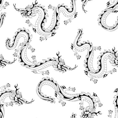 Çince Ejderha ile Seamless modeli. Çizim ve yazdırma için sayfa boyama. Geleneksel Çin sembolü. Asya mitolojik siyah hayvanlar.