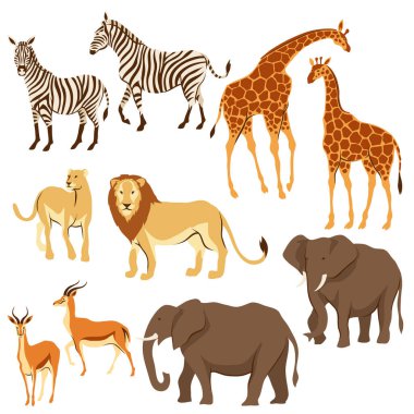 Afrika savana hayvanlar kümesi. Stilize illüstrasyon.