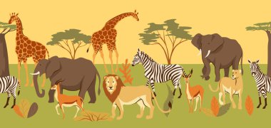 Afrika savana hayvanlar ile Seamless modeli. Stilize illüstrasyon.