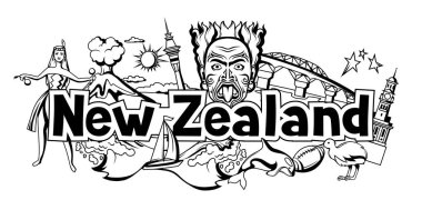 New Zealand print design. Oceanian traditional symbols and attractions. clipart