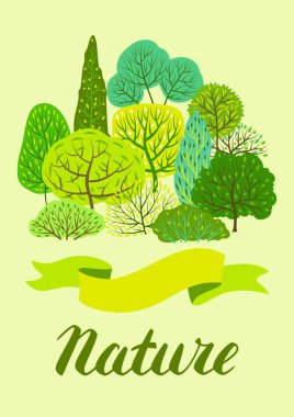 Stilize ağaçları ile bahar ya da yaz geçmiş. Doğal illüstrasyon.