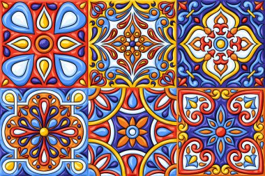 Meksika talavera seramik döşeme deseni. Etnik halk süsleme. İtalyan seramik, Portekizli azulejo veya İspanyolca Mayolikası.