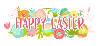 Mutlu Paskalya tebrik kartı. Sevimli tavşanlar, yumurta ve geleneksel kutlama için çiçekler.