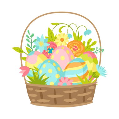 Mutlu Paskalya tebrik kartı. Kova ve yumurta ile tatil illüstrasyon.