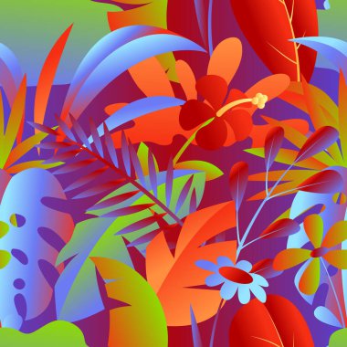 Tropikal yaprak ve çiçek ile Seamless modeli. Dekoratif egzotik ağaçlar ve bitkiler.