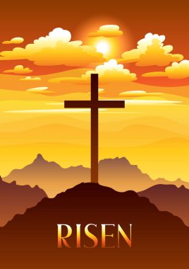 Yükseldi. Easter illüstrasyon. Tebrik kartı ile çapraz ve bulutlar. İnanç dini sembol.