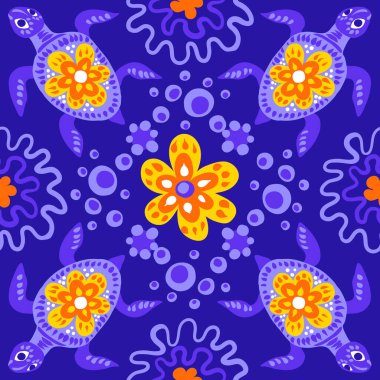 Mexican talavera ceramic tile pattern. Cute naive turtle and flowers. Ethnic folk ornament. clipart