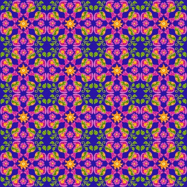 Meksika talavera Seramik döşeme deseni. Şirin saf kedi ve çiçekler. Etnik halk süsleme.