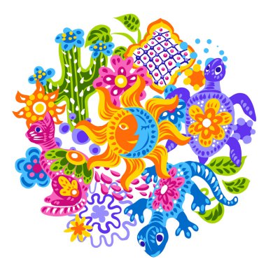 Şirin saf ürünleri ile Meksika arka plan. Geleneksel dekoratif objeler. Talavera süs seramik. Etnik halk süsleme.