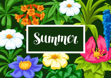 Tropik çiçekler ile arka plan. Egzotik tropik bitkiler. Orman doğa illüstrasyon.