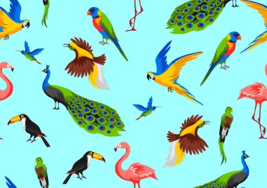Tropikal egzotik kuşlar ile Dikişsiz desen. Orman ve yağmur ormanları vahşi fauna.