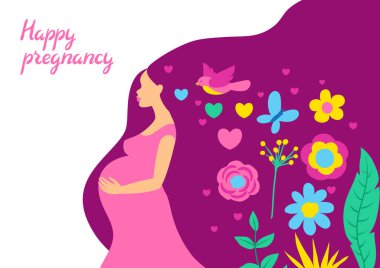 Mutlu hamilelik. Oldukça hamile kadın. Bebek Hediyeleri Partisi Davetiyesi. Çocuk bekleyen illüstrasyon.