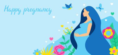 Mutlu hamilelik. Oldukça hamile kadın. Bebek Hediyeleri Partisi Davetiyesi. Çocuk bekleyen illüstrasyon.