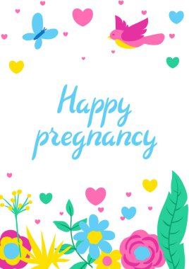 Mutlu hamilelik kartı. Bebek Hediyeleri Partisi Davetiyesi. Arka plan bahar çiçekleri ile. Güzel dekoratif doğal bitkiler, tomurcukları ve yaprakları.