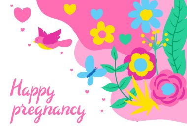 Mutlu hamilelik kartı. Bebek Hediyeleri Partisi Davetiyesi. Arka plan bahar çiçekleri ile. Güzel dekoratif doğal bitkiler, tomurcukları ve yaprakları.