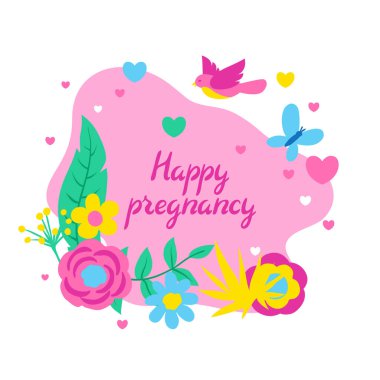 Mutlu hamilelik kartı. Bebek Hediyeleri Partisi Davetiyesi. Arka plan bahar çiçekleri ile. Güzel dekoratif doğal bitkiler, tomurcukları ve yaprakları.