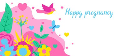 Mutlu hamilelik kartı. Bebek Hediyeleri Partisi Davetiyesi. Arka plan bahar çiçekleri ile. Güzel dekoratif doğal bitkiler, tomurcukları ve yaprakları.