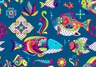 Meksika talavera seramik karo deseni. Geleneksel dekoratif objeler. Etnik halk süsleri. Süs çiçekleri ile dekorasyon.