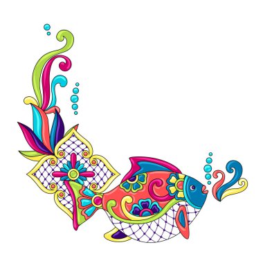 Balıklar ile dekoratif çerçeve. Meksika seramik sevimli naif sanat. Etnik dekoratif objeler. Geleneksel halk çiçek süsü.