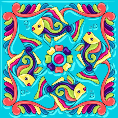 Balıklar ile Meksika talavera seramik karo deseni. Geleneksel dekoratif objeler. Etnik halk süsleri. Süs çiçekleri ile dekorasyon.