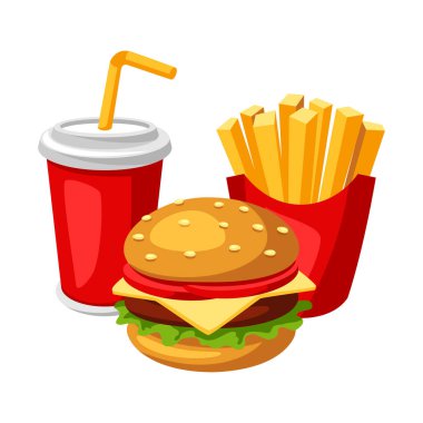 Fast food yemek ile İllüstrasyon. Soda, patates kızartması ve hamburger. Lezzetli fastfood öğle yemeği ürünleri.