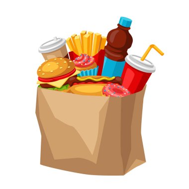 Fast food yemek ile İllüstrasyon. Lezzetli fastfood öğle yemeği ürünleri. Menü veya reklam için arka plan.