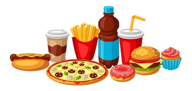 Fast food yemek ile İllüstrasyon. Lezzetli fastfood öğle yemeği ürünleri. Menü veya reklam için arka plan.