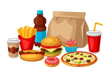 Fast food yemek ile İllüstrasyon. Lezzetli fastfood öğle yemeği ürünleri. Menü veya reklam için arka plan.