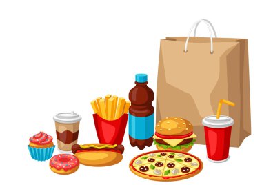Fast food yemek ile İllüstrasyon. Lezzetli fastfood öğle yemeği ürünleri. Menü veya reklam için arka plan.