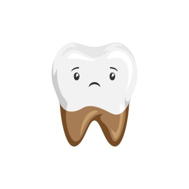 Çürükile hasta diş İllüstrasyon. Çocuk diş hekimliği üzgün karakter. Kawaii yüz ifadesi.