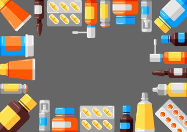 Tıp şişeleri ve hapları ile arka plan. Düz tarzda tıbbi illüstrasyon.