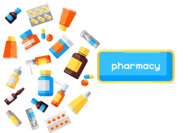 Tıp şişeleri ve hapları ile arka plan. Düz tarzda tıbbi illüstrasyon.