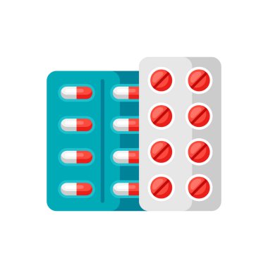 Düz tarzda hap simgesi ile Blisters. Beyaz arka planda izole tıbbi illüstrasyon.