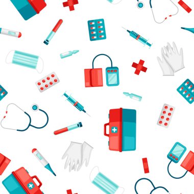 İlk yardım kiti ekipmanları. Dikişsiz desen. Acil yardım için tıbbi aletler.