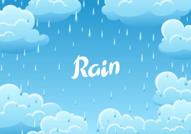 Beyaz arka planda mavi bulutlar ve yağmur damlaları. Karikatür cloudscape illüstrasyon.