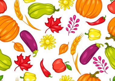 Meyve ve sebzelerle dikişsiz bir desen oluştur. Sonbahar mevsimsel illüstrasyon.