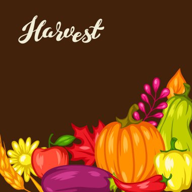 Meyve ve sebzelerle hasat festivali arka planı. Sonbahar mevsimsel illüstrasyon.