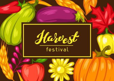 Meyve ve sebzelerle hasat festivali arka planı. Sonbahar mevsimsel illüstrasyon.