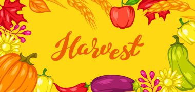 Meyve ve sebzelerle hasat festivali arka planı. Sonbahar mevsimsel illüstrasyon.