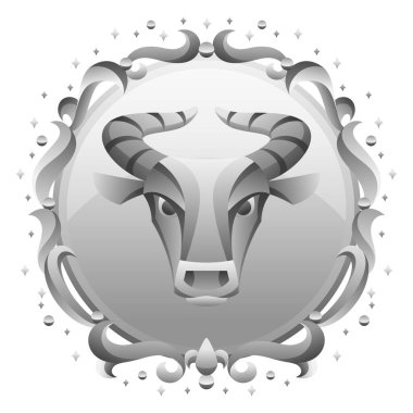 Gümüş çerçeveli Boğa burcu. Burç sembolü. Stilize astrolojik illüstrasyon.