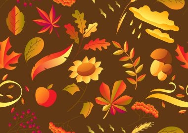 Stilize sonbahar öğeleri ile dikişsiz desen. Düşen yapraklar, meyveler ve bitkiler.