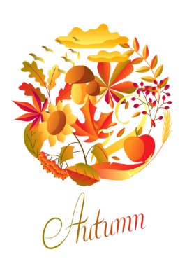 Stilize sonbahar öğeleri ile arka plan. Düşen yapraklar, meyveler ve bitkiler.